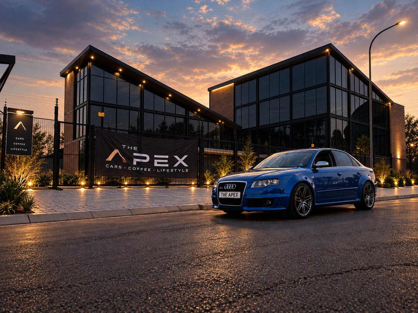 The Apex — cars, coffee and lifestyle destination at dusk